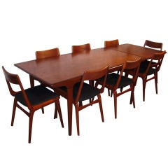 Teak Danish Modern Draw Leaf Dining Table and Eight Chairs