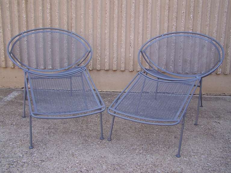 Beautiful pair of hoop lounge chairs designed by John Salterini. These chairs have the rare foot rest attachment turning the into chaise lounges. Fresh grey lacquer paint. If you have any questions about this item or about shipping, please contact