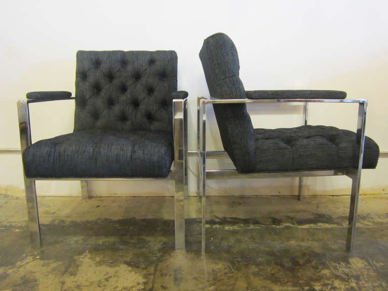 Nice pair of chromed framed button tufted lounge chairs designed by Milo Baughman.