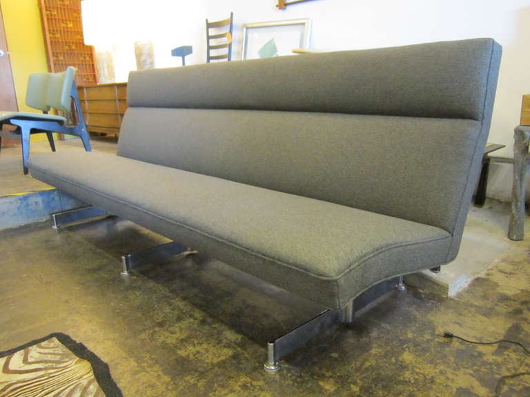 Beautiful grey tweed sofa on three chrome legs. Reminds me of a sofa compact on steroids. If you have any questions about this item or about shipping, please contact dealer.
