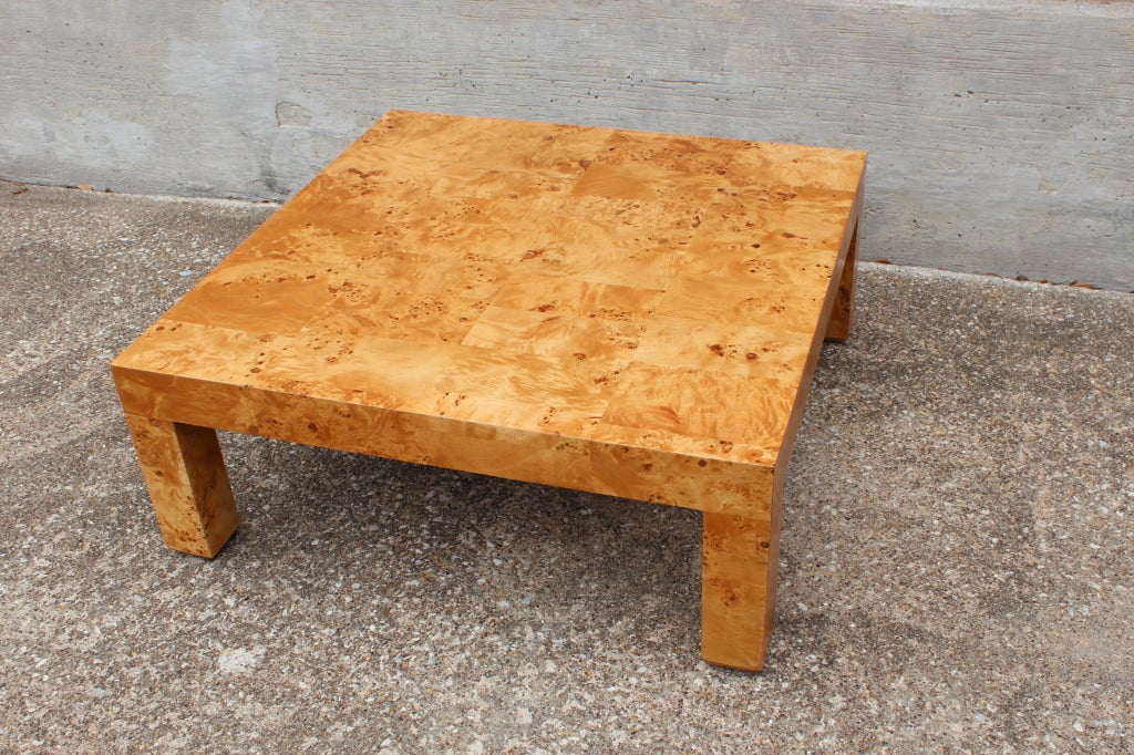 A Burl wood parsons coffee table designed by Milo Baughman for Thayer Coggin.