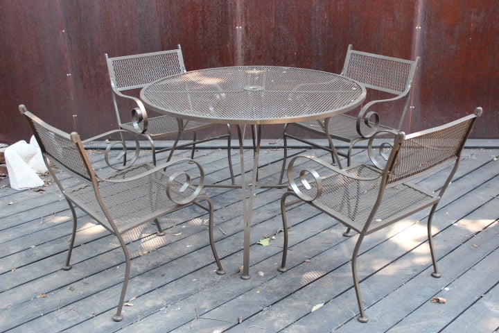 A newly powder coated outdoor dining set attributed to Salterini.  If you have any questions about this item or about shipping, please contact dealer.