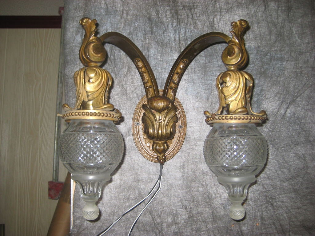 Pair of Two Arm Gilt Bronze and Cut Glass Sconces