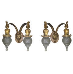 Pair of Two Arm Gilt Bronze and Cut Glass Sconces