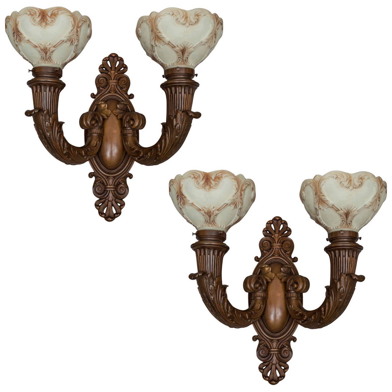 Pair of Bronze Two-Arm Sconces, Signed "Sterling Bronze"
