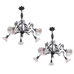 Pair of Graceful Industrial, Victorian Wrought Iron Five-Arm Chandeliers 9