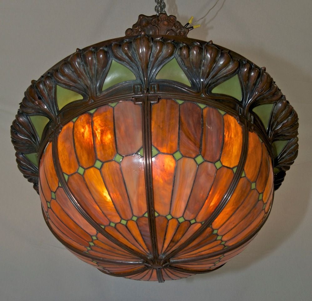 American Art Nouveau Leaded Glass and Bronze Pendant Chandelier
