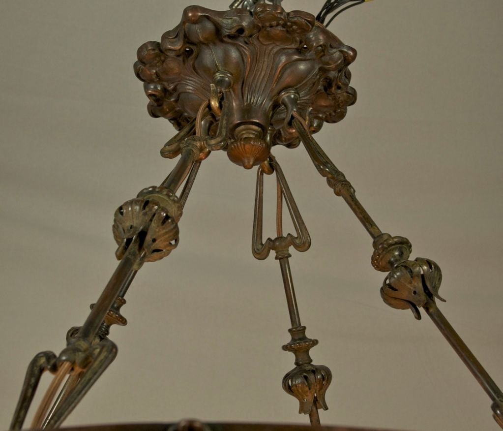 Art Nouveau Leaded Glass and Bronze Pendant Chandelier In Excellent Condition In Petaluma, CA