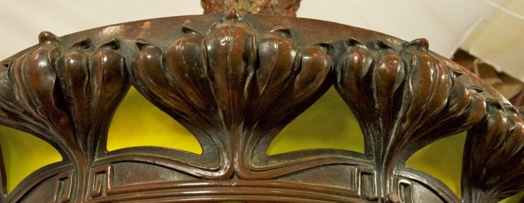 20th Century Art Nouveau Leaded Glass and Bronze Pendant Chandelier