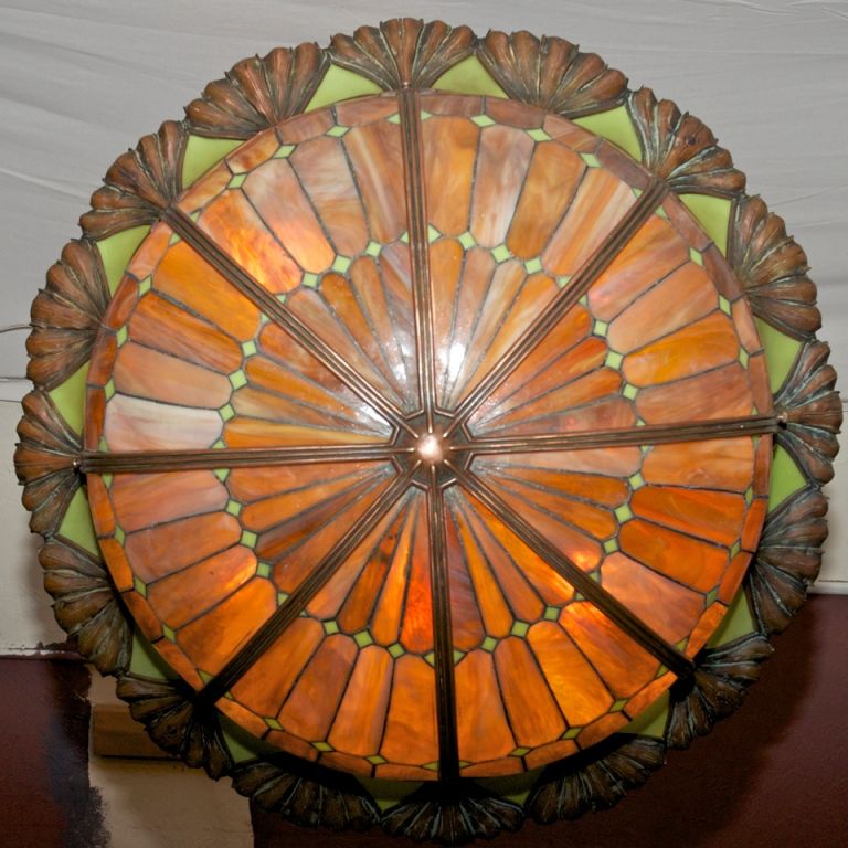 Art Nouveau Leaded Glass and Bronze Pendant Chandelier 1