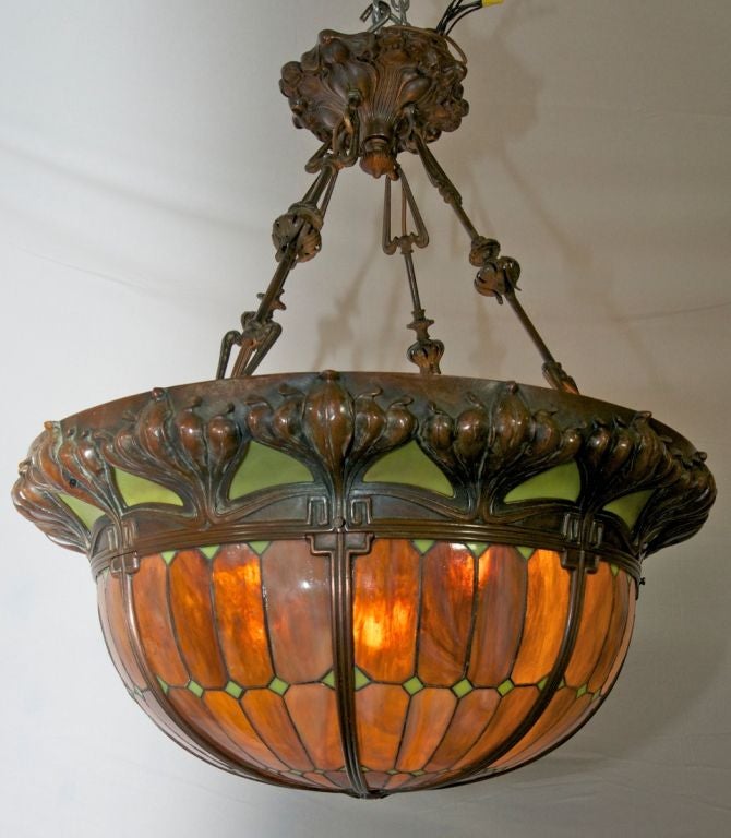 Art Nouveau Leaded Glass and Bronze Pendant Chandelier 2