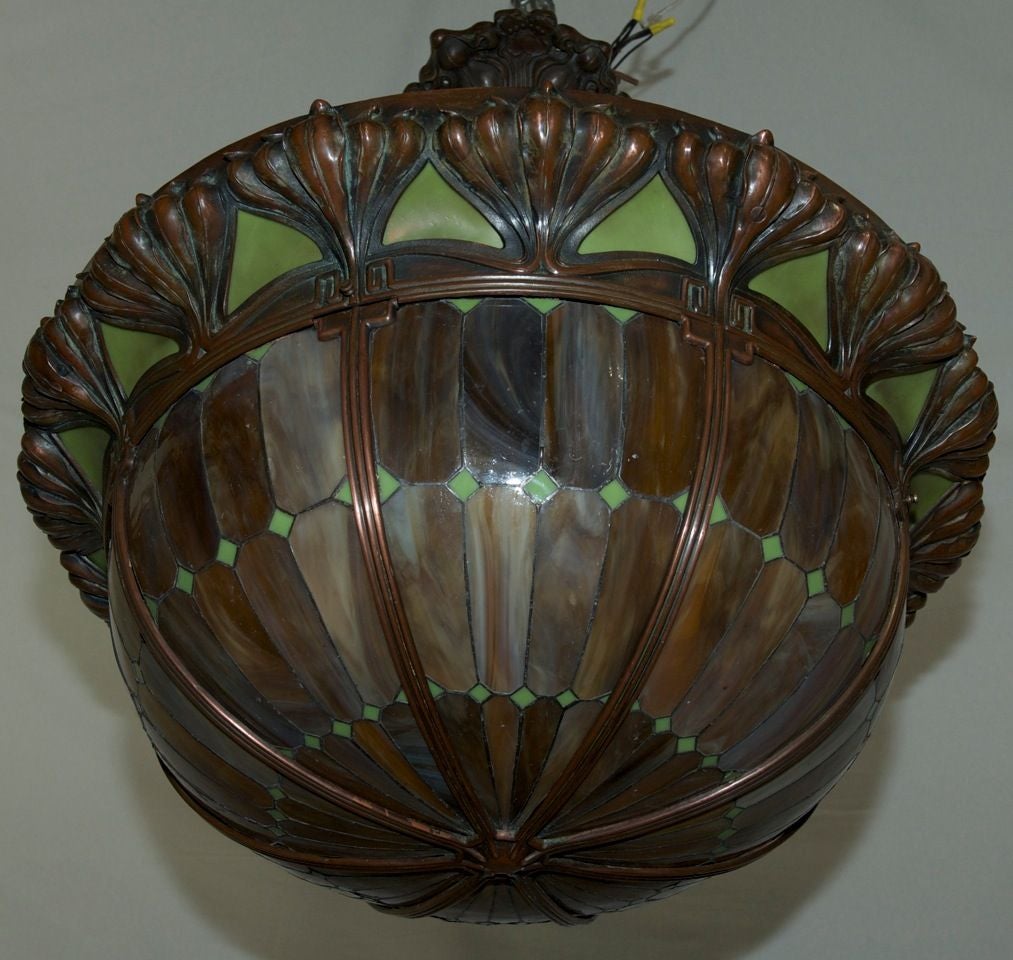 Art Nouveau Leaded Glass and Bronze Pendant Chandelier 3