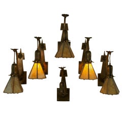 Set of Six Bronze and Glass Sconces