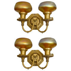 Pair of Double-Arm Gilt Bronze and Art Glass Sconces by Caldwell 11