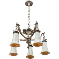 Antique Five-Arm Brushed Silver Chandelier with Fostoria Pulled Feather Blown Shades