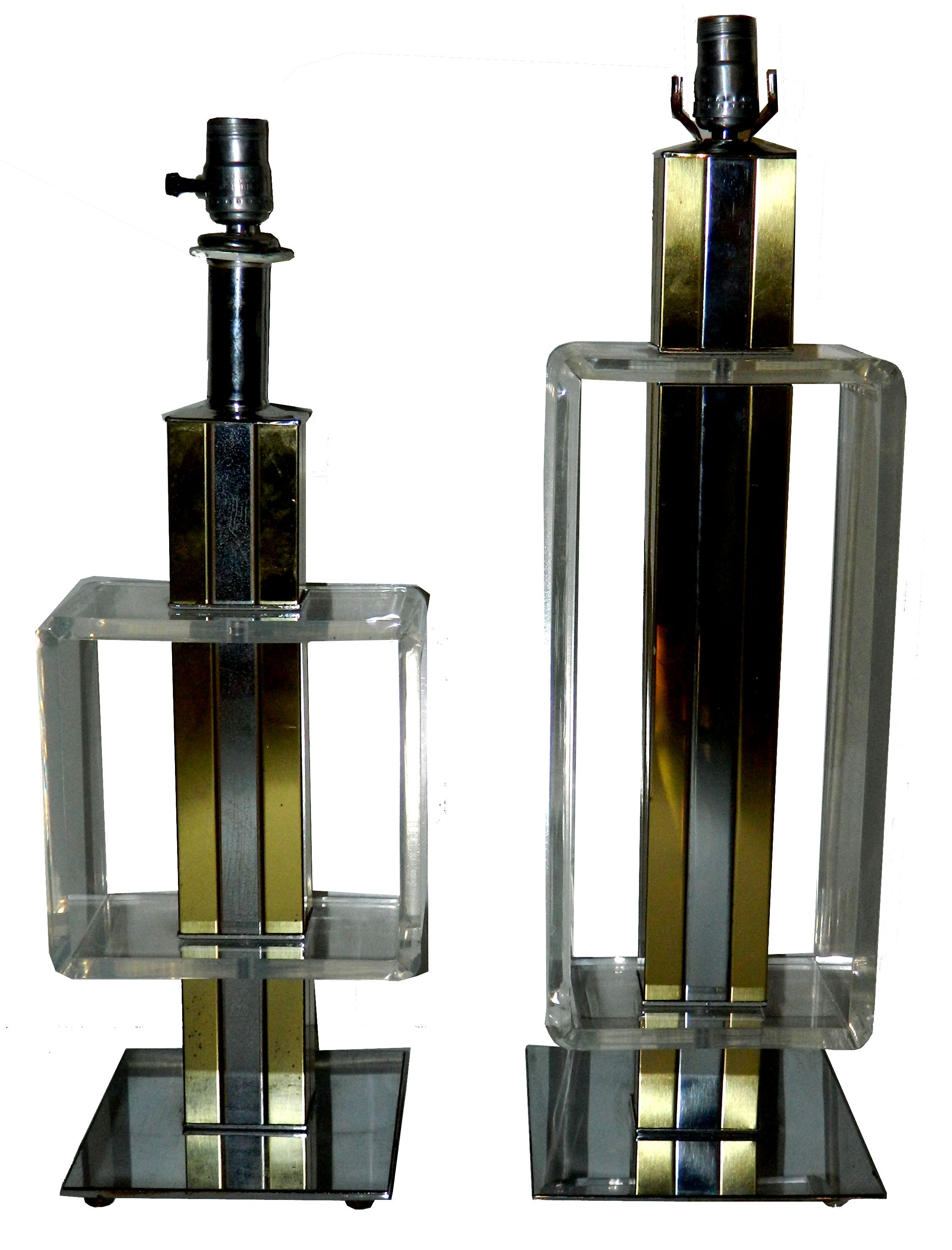 2 Elegant, Lucite, Chrome, Brass Table Lamps