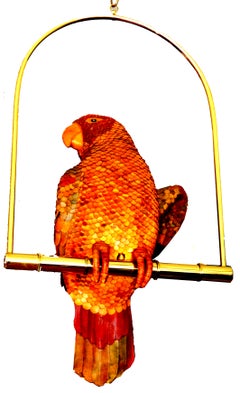 Signed Federico Leather Parrot Perched on a Swing