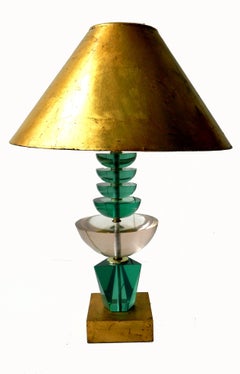 Vintage Hivo Van Teal Stacked Clear & Green Lucite Table Lamp Mid-Century Modern 1979