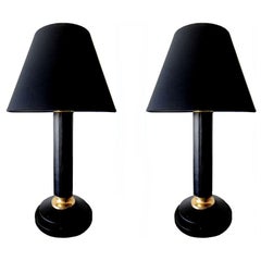 Le Tanneur Brass & Leather Table Lamps Mid-Century Modern Paris France 1960 -Two