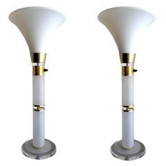 Italian Opaline Frosted Glass, Brass & Lucite Table Lamps Mid-Century Modern-Two