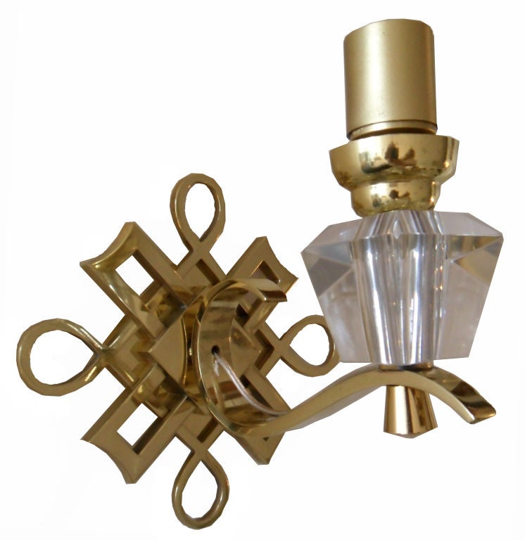 Polished Brass & Faceted Glass French Sconces in the Style of Jules Leleu - Pair In Good Condition For Sale In Miami, FL