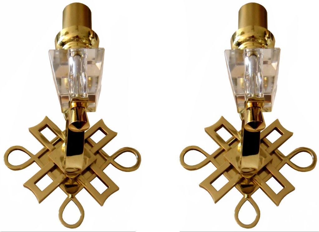 Mid-20th Century Polished Brass & Faceted Glass French Sconces in the Style of Jules Leleu - Pair For Sale