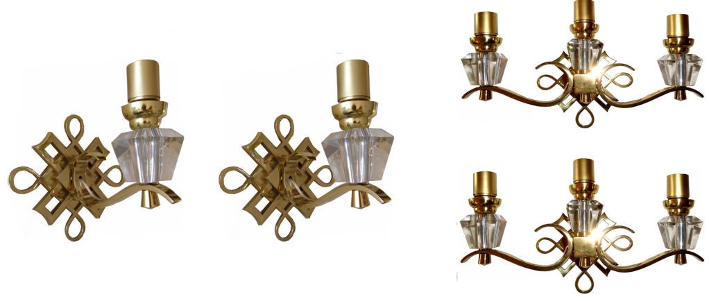 Polished Brass & Faceted Glass French Sconces in the Style of Jules Leleu - Pair For Sale 3