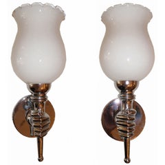 French Arbus Sconces Nickel & Opaline Glass Shade - 2 Pairs available
