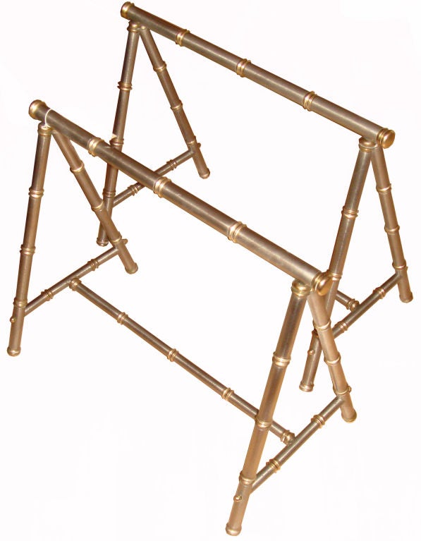 French Maison Jansen Mid-Century Modern Brass, Steel Faux Bamboo Sawhorse Coffee Table  For Sale