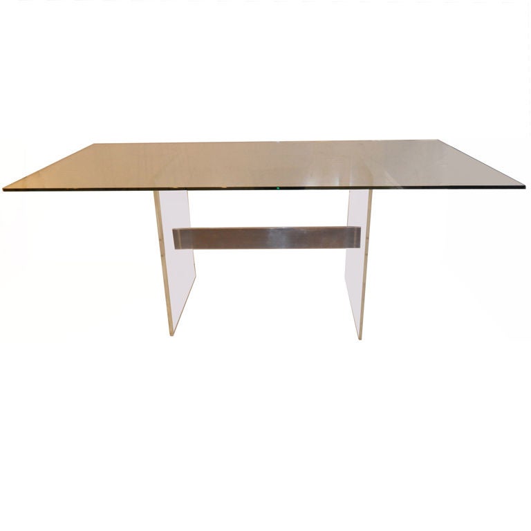 Mid-Century Modern Lucite Desk or Dining Table with Glass on Aluminum Base, 1970