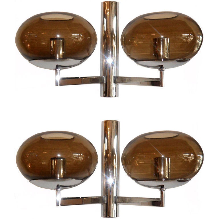 Modernist Italian Sconces Sciolari In Chrome Or Brass Smoked Glass Shades - Pair For Sale