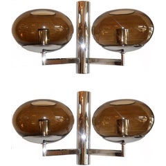 Vintage Modernist Italian Sconces Sciolari In Chrome Or Brass Smoked Glass Shades - Pair