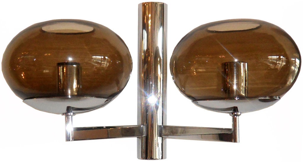 Polished Modernist Italian Sconces Sciolari In Chrome Or Brass Smoked Glass Shades - Pair For Sale