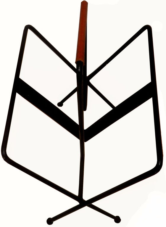 Hand-Crafted Jacques Adnet 1950 Magazine Rack, Newspaper Stand With Hermes Leather Handle  For Sale