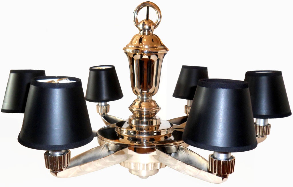 Fantastic French Art Deco Chandelier made by Petitot, nickel-plated bronze and brass, six lights.