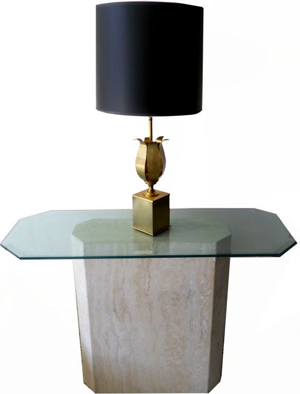Italian Mid-Century Modern Travertine Console Center Table Beveled Glass Top 70s For Sale 1