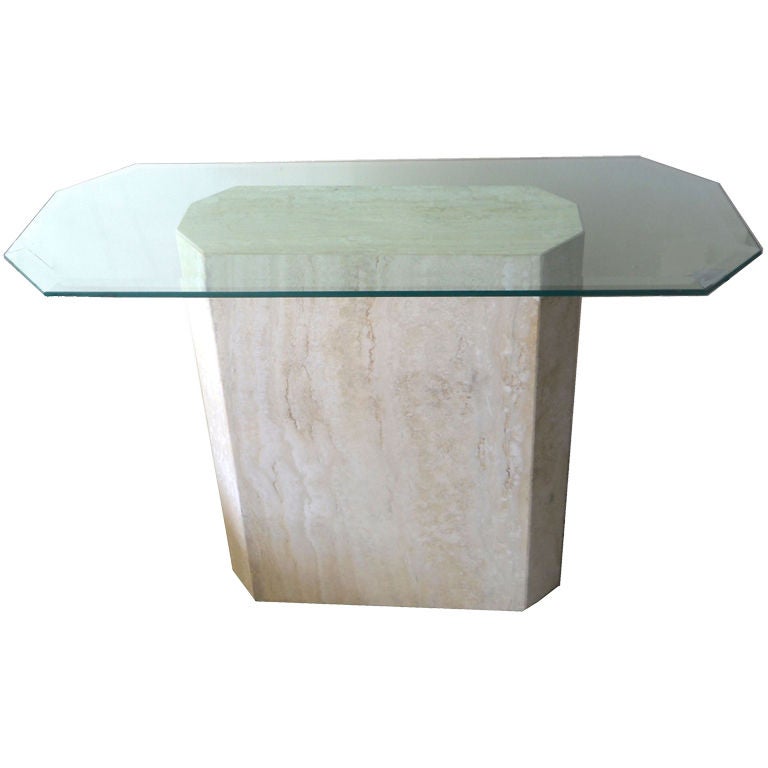 Italian Mid-Century Modern Travertine Console Center Table Beveled Glass Top 70s For Sale