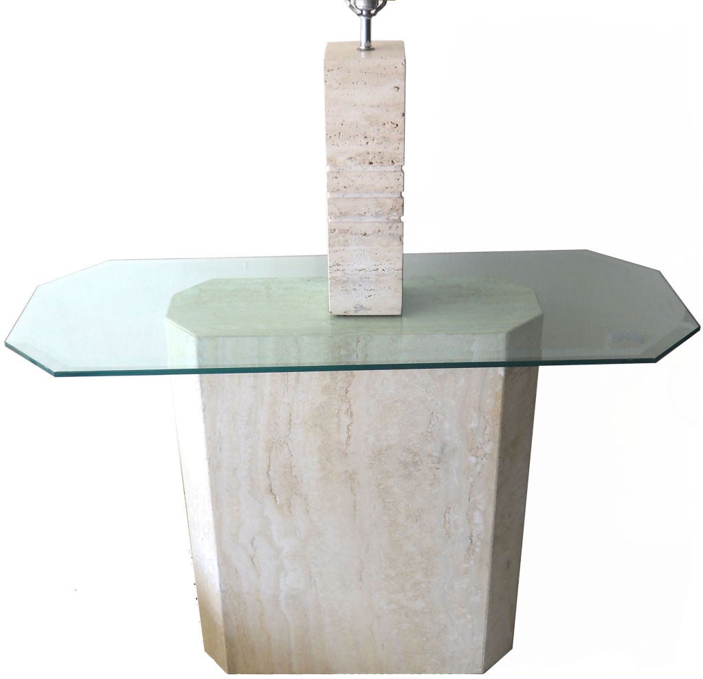 20th Century Italian Mid-Century Modern Travertine Console Center Table Beveled Glass Top 70s For Sale