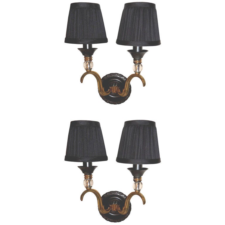 French Maison Jansen Sconces Wall Lights Brass & Gun Metal - Pair For Sale