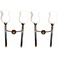 Pair of Maison Jansen Sconces Brass & Gun Metal White Opaline Glass Shades