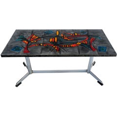 Table basse LA GRANGE signée VALLAURIS en acier poli et carreaux de céramique, France 50