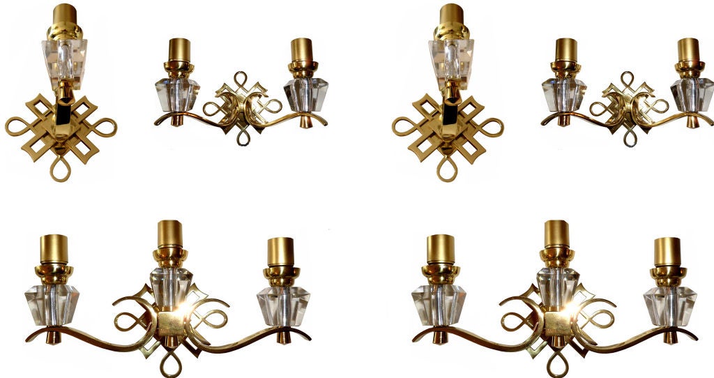 Faceted French Wall Sconces Polished Brass & Glass Jules Leleu Style - Pair 4 available For Sale