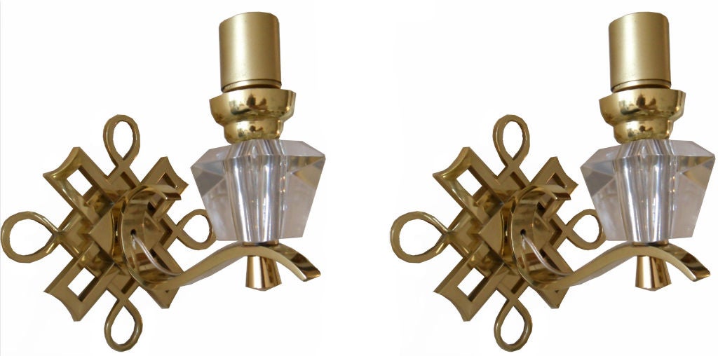 French Wall Sconces Polished Brass & Glass Jules Leleu Style - Pair 4 available In Good Condition For Sale In Miami, FL