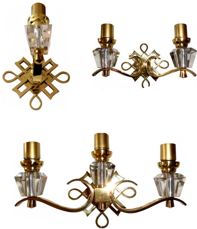 Mid-20th Century French Wall Sconces Polished Brass & Glass Jules Leleu Style - Pair 4 available For Sale