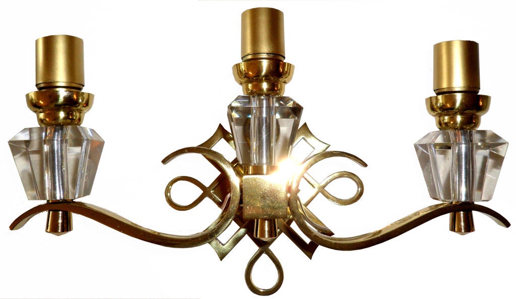 French Wall Sconces Polished Brass & Glass Jules Leleu Style - Pair 4 available For Sale 3