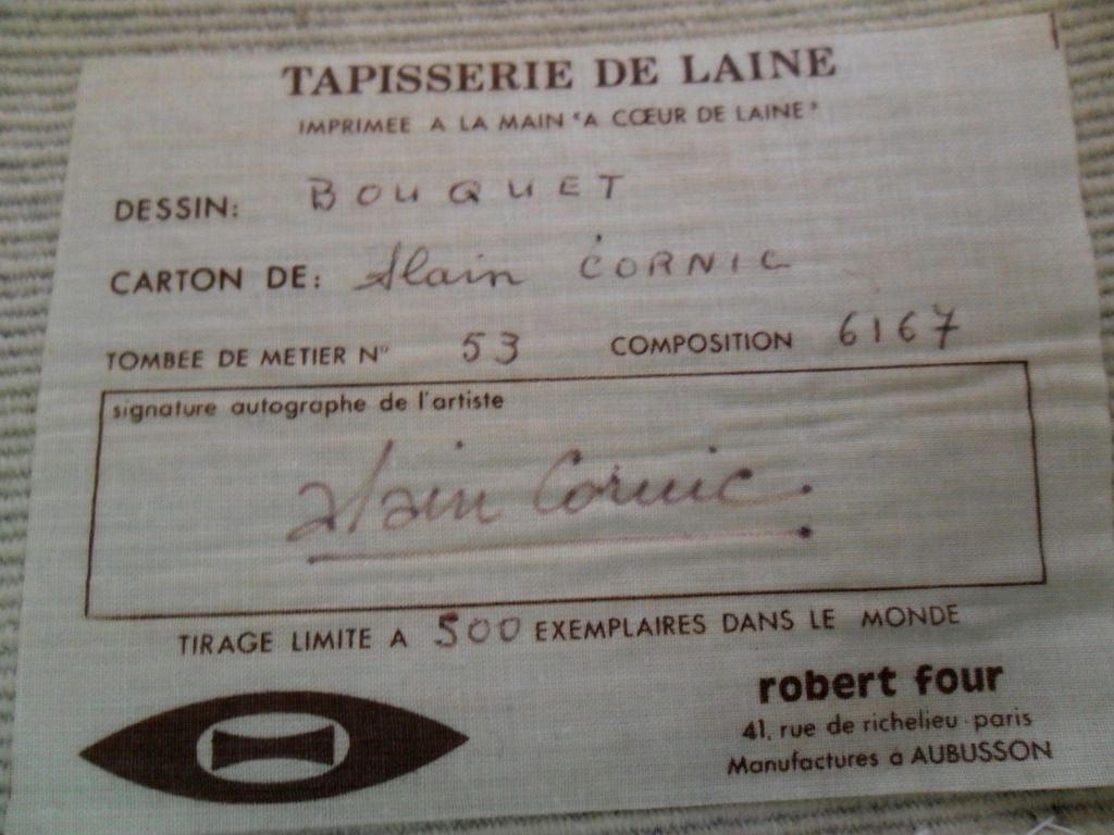 Tapiz de lana firmado ALAIN CORNIC llamado BOUQUET por D' AUBUSSON 1950 Tejido a mano en venta