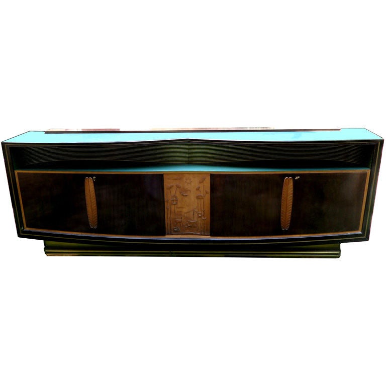 Vittorio Dassi Walnut Sycamore & Brass  Four Door Credenza, Sideboard Italy 1960