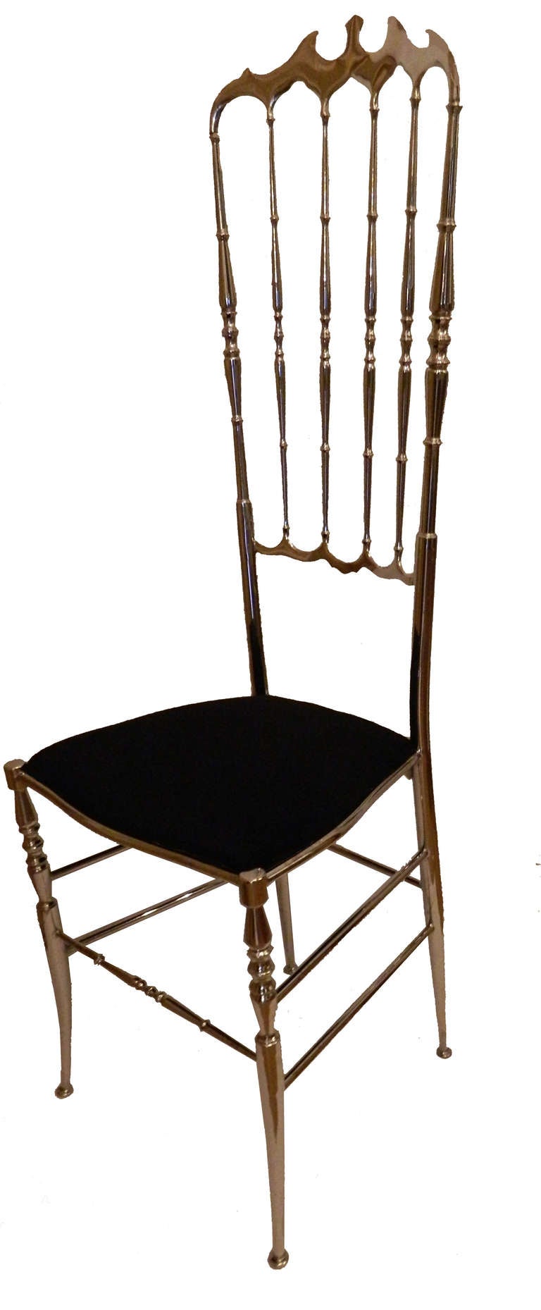 Exceptional set of eight Italian very high back nickel-plated Chiavari chairs.
Black ultrasuede top seat. (Only six pictured.)
Similar chairs are at the 
