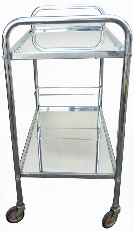 Jacques Adnet Style Bar Cart Mirror Glass Top on Casters Mid-Century Modern In Good Condition For Sale In Miami, FL