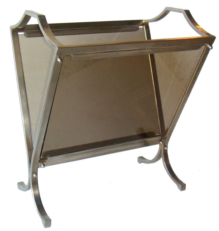 Maison Jansen French Mid-Century Modern Steel  & Smoked Glass Magazine Rack 1965 In Good Condition For Sale In Miami, FL
